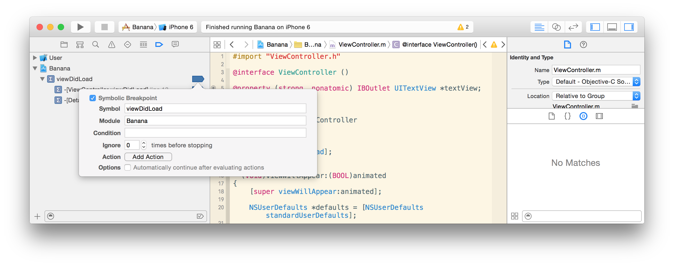 Symbolic Breakpoint on viewDidLoad scoped to Banana app