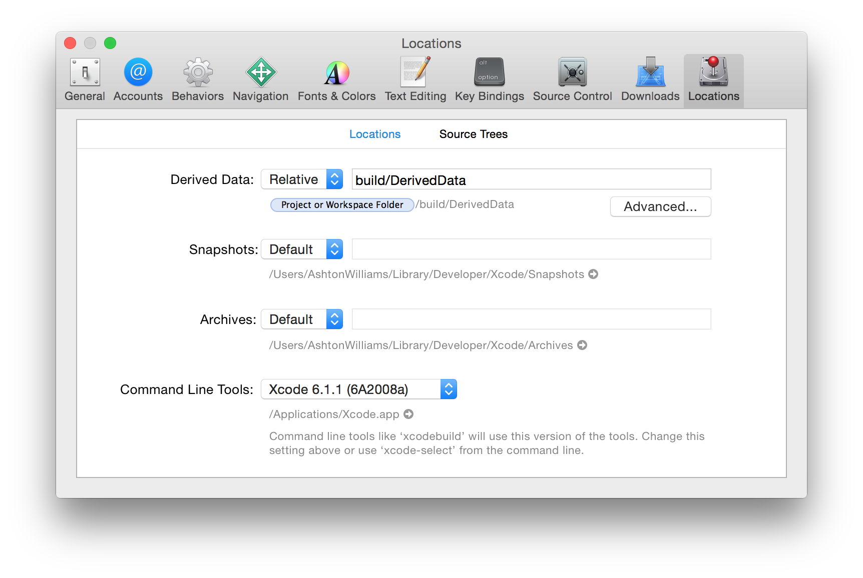 Xcode Preferences Window Locations